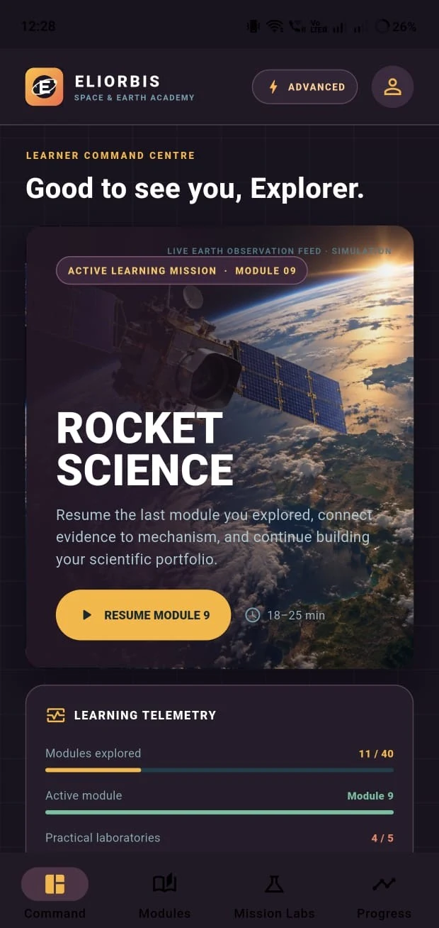 Actual supplied Elorbis Academy app screen showing Rocket Science, learning telemetry and bottom navigation