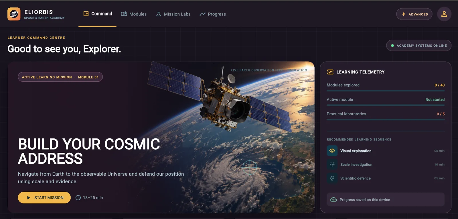 Elorbis Academy learner dashboard with module, mission and learning progress controls